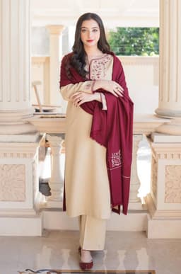 Thumbnail of ASLING 3-Piece Dhanak Suit | Winter Collection with Embroidered Neck & Shawl